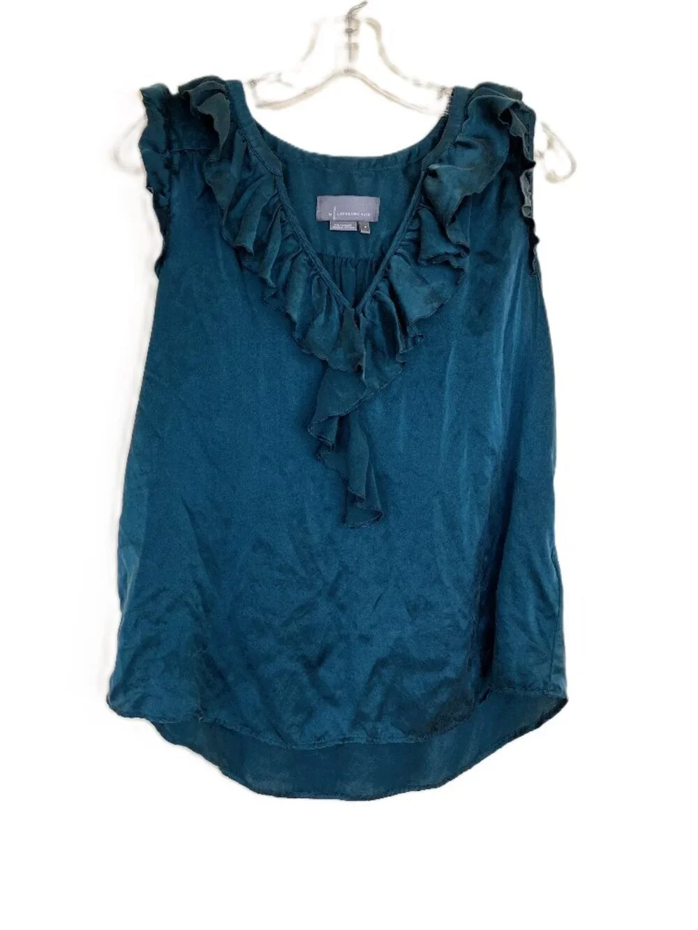 Anthropologie Silk Sleeve Blouse Ruffle Neckline Teal Green Women's Medium - Picture 2 of 9